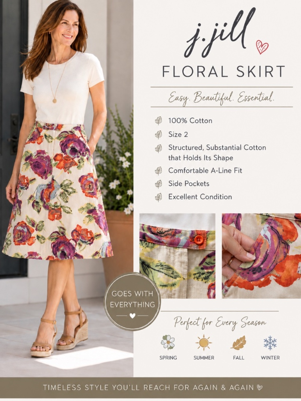 J. Jill Floral Cotton A-Line Skirt Size 2 Multicolor Pockets